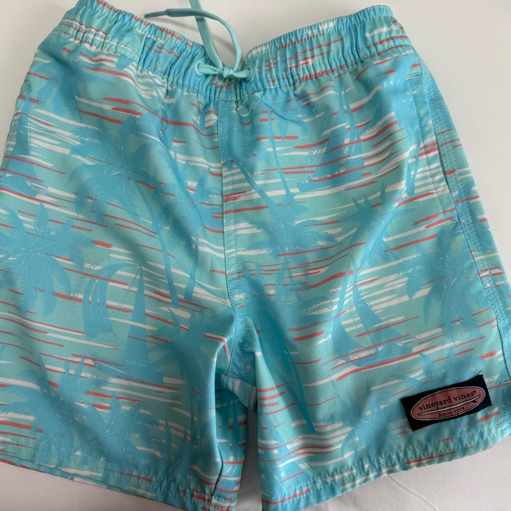 Vineyard Vines Boys Aqua Palm Print Swim Trunks